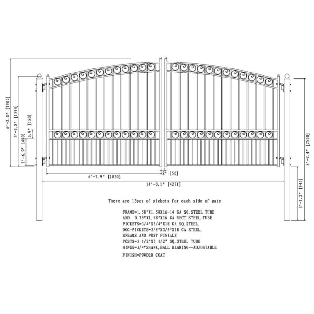 Black Steel Dual Swing Arched Driveway Gate with Posts