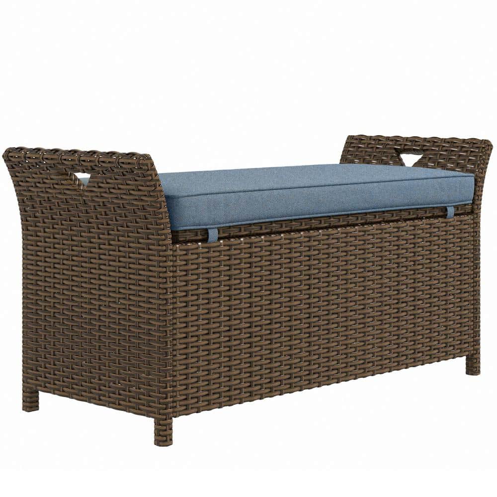 Dark Blue PE Rattan Wicker Outdoor Storage Bench with Cushion