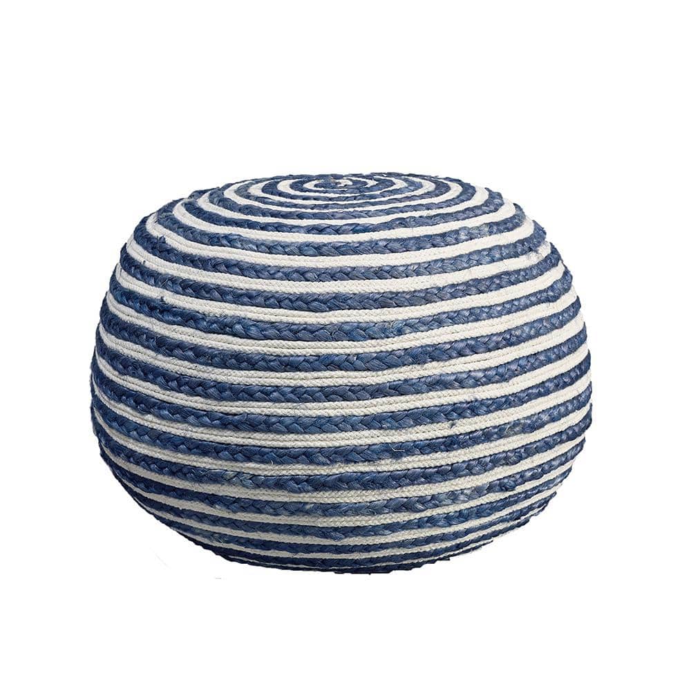 Seafaring Striped Braided Jute-Cotton Pouf, Blue/White, 20"x14"