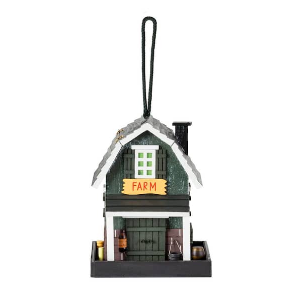 Alpine Corporation 9 in. Tall Wooden Farm Store Hanging or Table Outdoor Bird Feeder House, Black