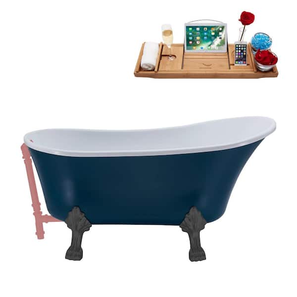 Streamline 55 in. x 26.8 in. Acrylic Clawfoot Soaking Bathtub in Matte Blue, Brushed Gun Metal Clawfeet, Matte Pink Drain