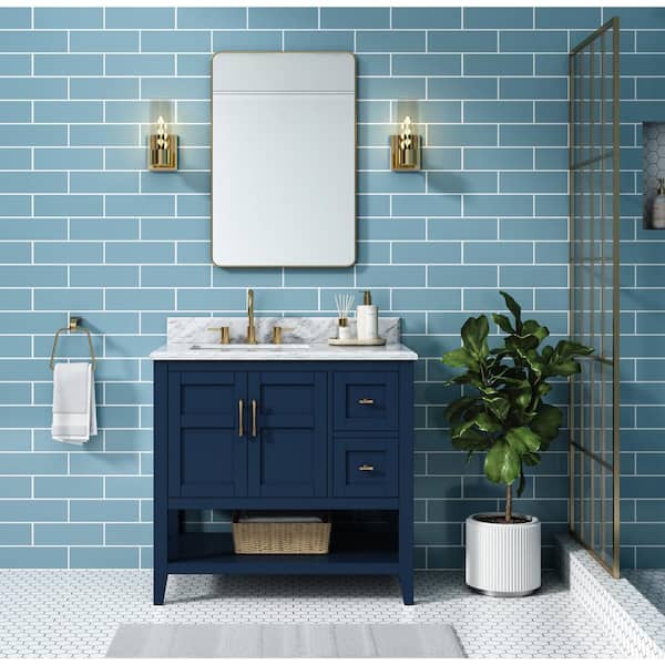 Home Decorators Collection Sturgess 37 in. W x 22 in. D x 35 in. H Single Sink Freestanding Bath Vanity in Navy Blue with Carrara Marble Top