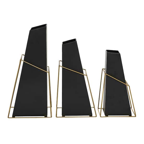 Litton Lane Black Metal Decorative Vase with Gold Wire Accents (Set of 3)