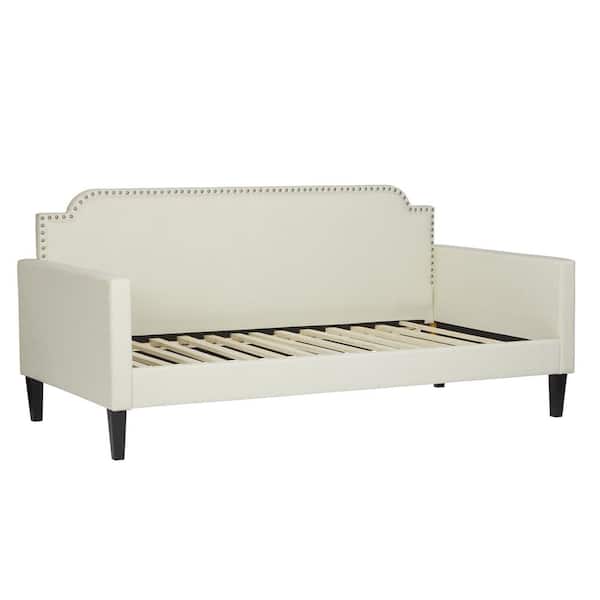 Handy Living Oriole Textured Creamy White Woven Fabric Twin Size Rounded Back Daybed with Nailhead Trim