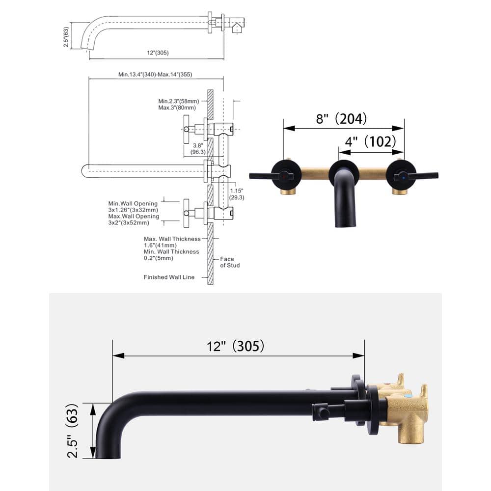 Matte Black Brass Wall Mounted Roman Tub Faucet with Lever Handles