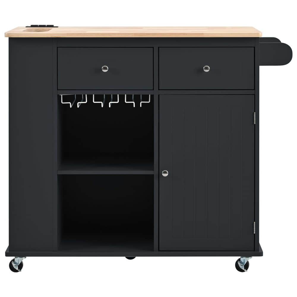 Black Rubber Wood Kitchen Cart with Drop-Leaf and Power Outlet