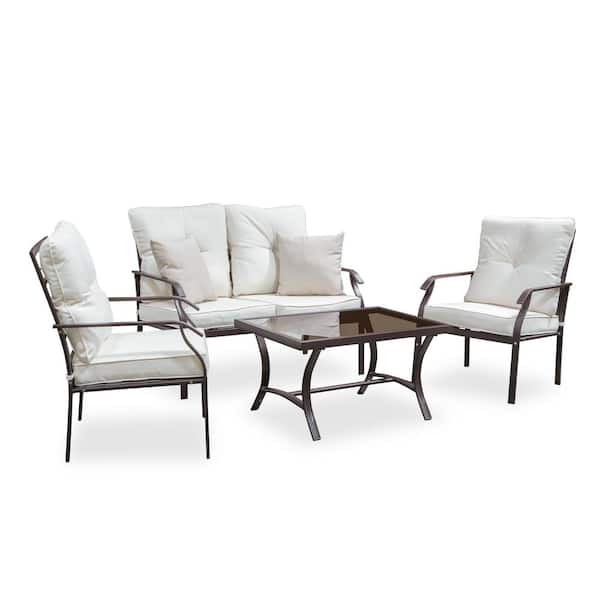 Furniture of America Noddy Brown 4-Piece Metal Patio Conversation Set With Beige Cushions