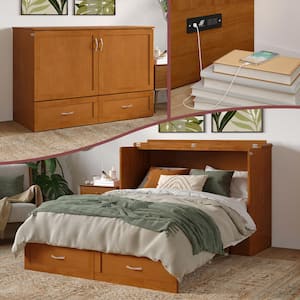 Hamilton Light Toffee Natural Bronze Solid Wood Frame Full Size Murphy Bed Chest with Mattress, Storage Device Charger