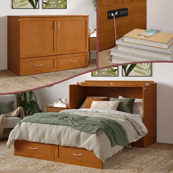 AFI Hamilton Light Toffee Natural Bronze Solid Wood Frame Full Size Murphy Bed Chest with Mattress, Storage Device Charger