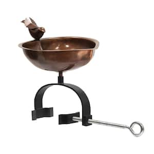14.25 in L Birdbath, Antique Copper Stainless Steel Heart Shaped with Wrought Iron Over Rail Bracket
