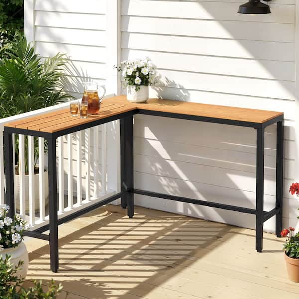 L-Shaped Metal Patio Dining Table Counter Height Outdoor Bar Table in Brown