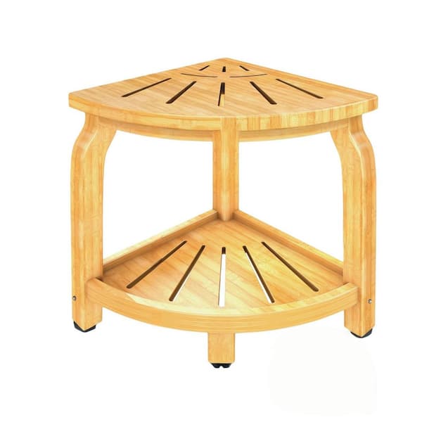 Numhew 13 in. W Bamboo Corner Shower Seat w/ Storage Shelf in