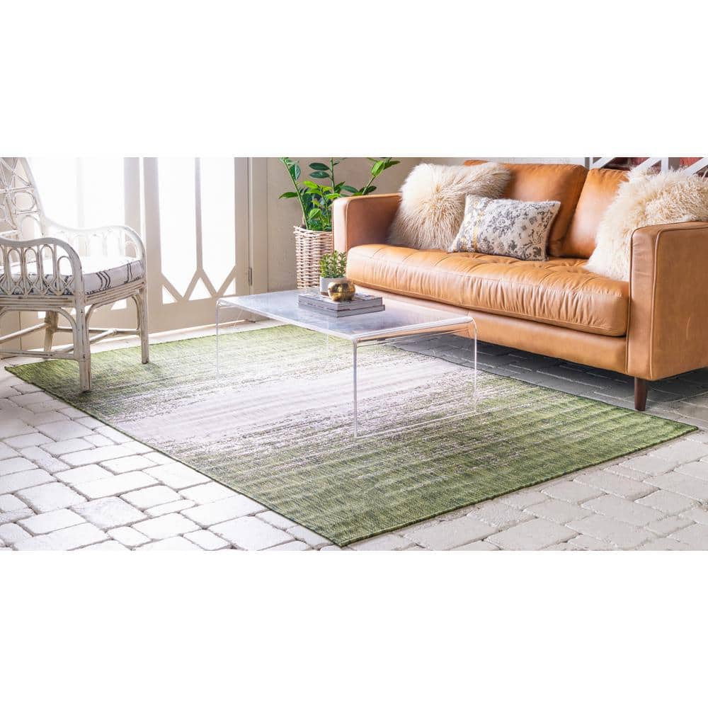 Modern Abstract 9' x 12' Gray and Green Synthetic Outdoor Rug