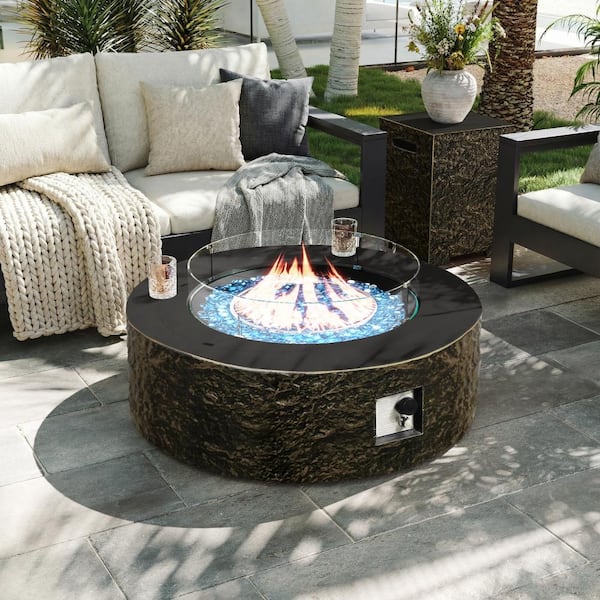 42-Inch Round Concrete Propane Fire Pit Table with Tank Cover and Wind Guard,Vintage Bronze