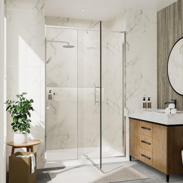 56 - 60 in. W x 71 in. H Pivot Semi-Frameless Shower Door in Chrome Finish with SGCC Certified Clear Glass