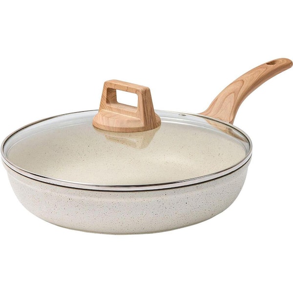 10 in. White Granite Nonstick Frying Pan with Glass Lid Nonstick Surface Induction Compatible Skillet Pan