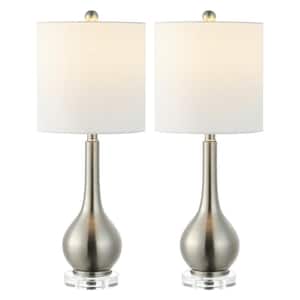 Dylan 25 in. Metal/Crystal Teardrop LED Table Lamp Set with White Linen Shade and Crystal Base, Nickel (Set of 2)