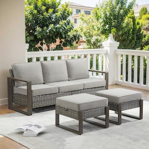 Allcot Gray 4-Piece Wicker Patio Couch Outdoor Sectional Sofa Set with Deep Seating and Gray Cushionswith Ottomans