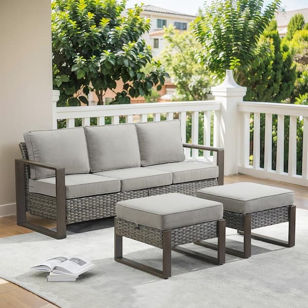 Gymojoy Allcot Gray 4-Piece Wicker Patio Couch Outdoor Sectional Sofa Set with Deep Seating and Gray Cushionswith Ottomans