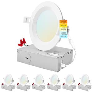 4 in. 10.5W 5 Color Selectable Canless Ultra Thin J-Box Remodel Integrated LED Recessed Light Kit Baffle 6 Pack