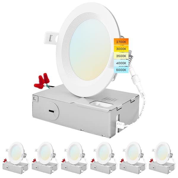 LUXRITE 4 in. 10.5W 5 Color Selectable Canless Ultra Thin J-Box Remodel Integrated LED Recessed Light Kit Baffle 6 Pack