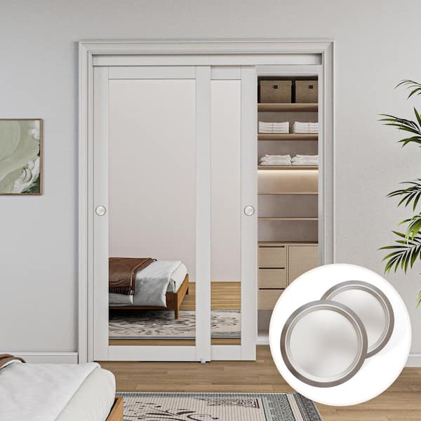 60 in. x 80 in. 1-Lite Mirror Glass White Finished MDF Interior Closet Sliding Door with Hardware and Handles