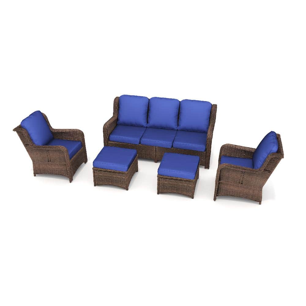 7-Piece Brown Wicker Outdoor Sectional Conversation Set with Navy Blue Cush