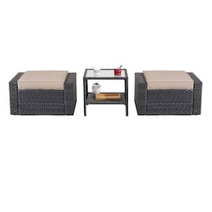 Black 3-Piece Wicker Patio Conversation Set with Khaki Cushions
