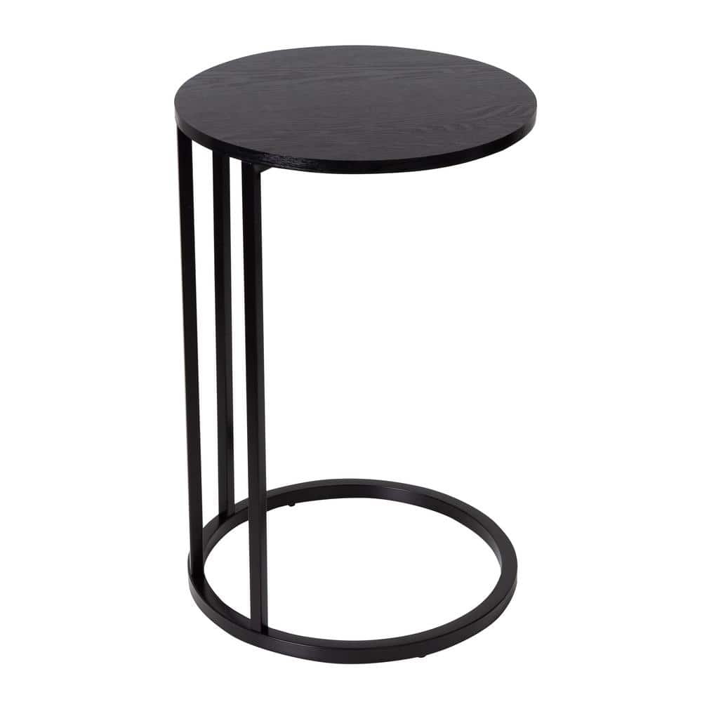 Black Round Wood and Metal C-Shaped End Table