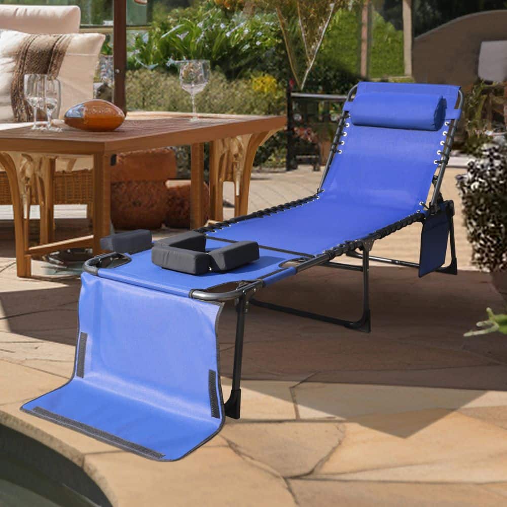 Dark Blue Metal Outdoor Chaise Lounge Chairs, Tanning Chair with Face Hole, Pillow and Side Pocket price history on PriceWatchPro