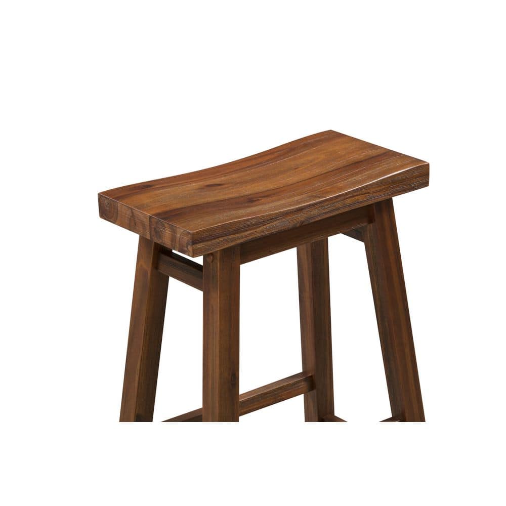 Chestnut Brown Solid Wood Backless Saddle Bar Stools, Set of 2