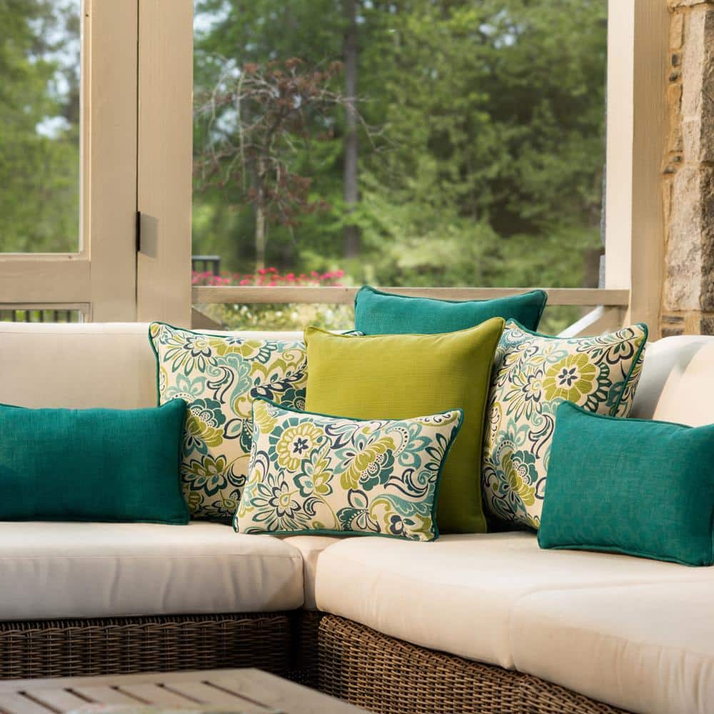 Mallard Blue Floral Linen Outdoor Lumbar Throw Pillow Set
