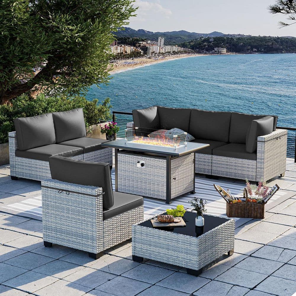 8-Piece Wicker Patio Conversation Set with 55,000-BTU Fire Pit Table and Glass Top Table with Dark Gray Cushions price history on PriceWatchPro