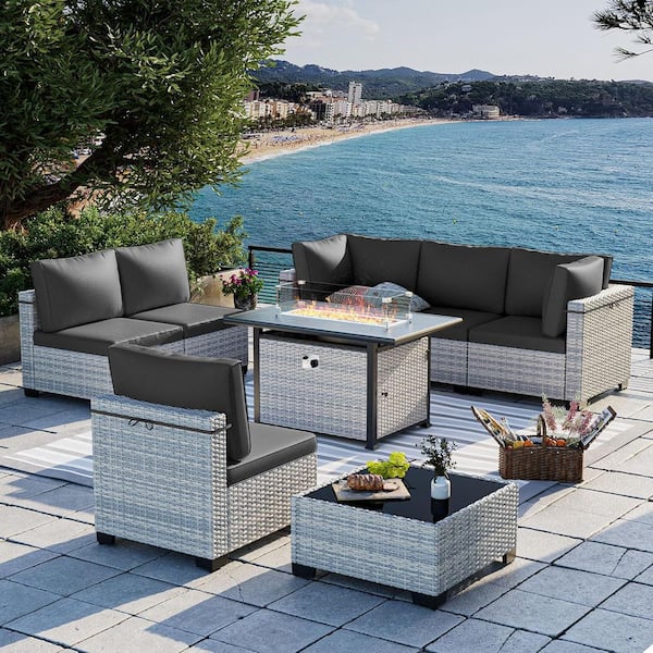 muphyers 8-Piece Wicker Patio Conversation Set with 55,000-BTU Fire Pit Table and Glass Top Table with Dark Gray Cushions