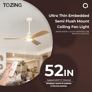 52 in. Smart Indoor Wood Low Profile Standard Semi Flush Mount Ceiling Fan Light with Integrated LED with Remote Bedroom