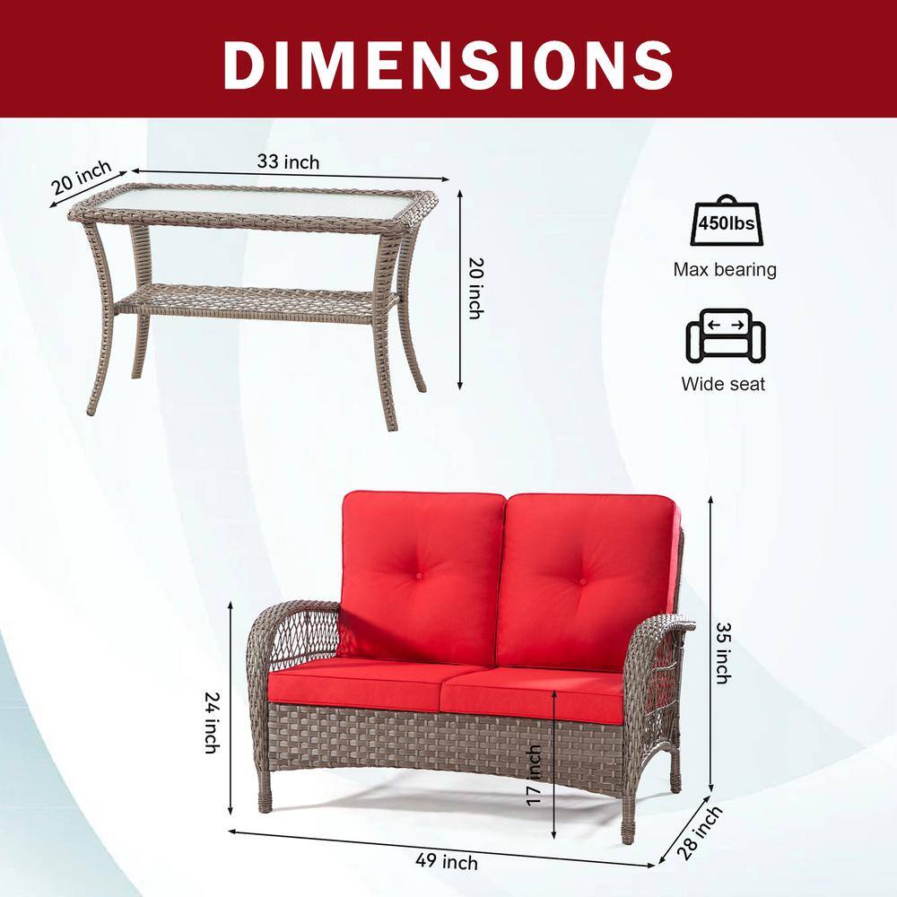Red Cushioned Wicker Loveseat and Table Set with Black Iron Frame