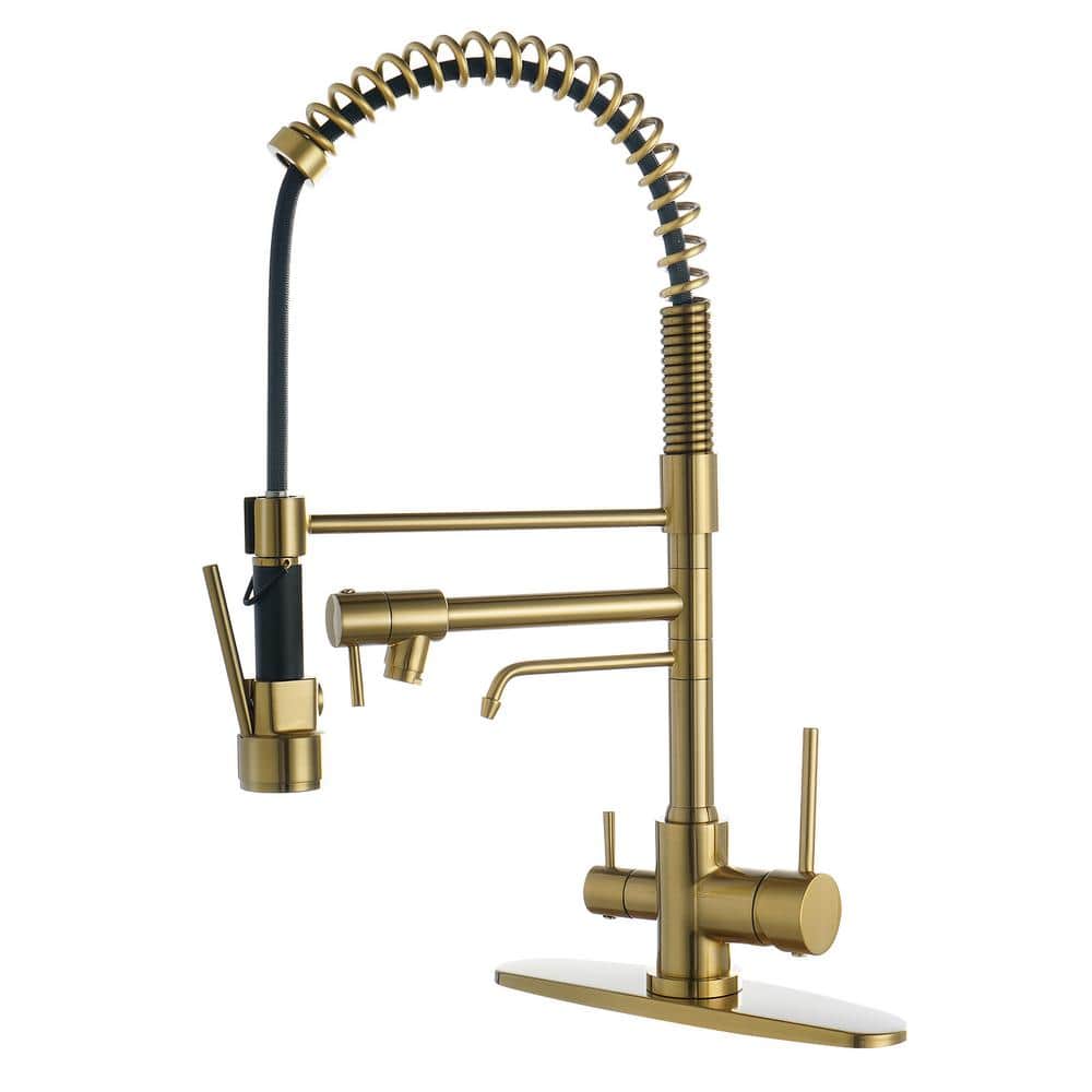Brushed Gold Double Handle High-Arc Kitchen Faucet with Pull-out Spray