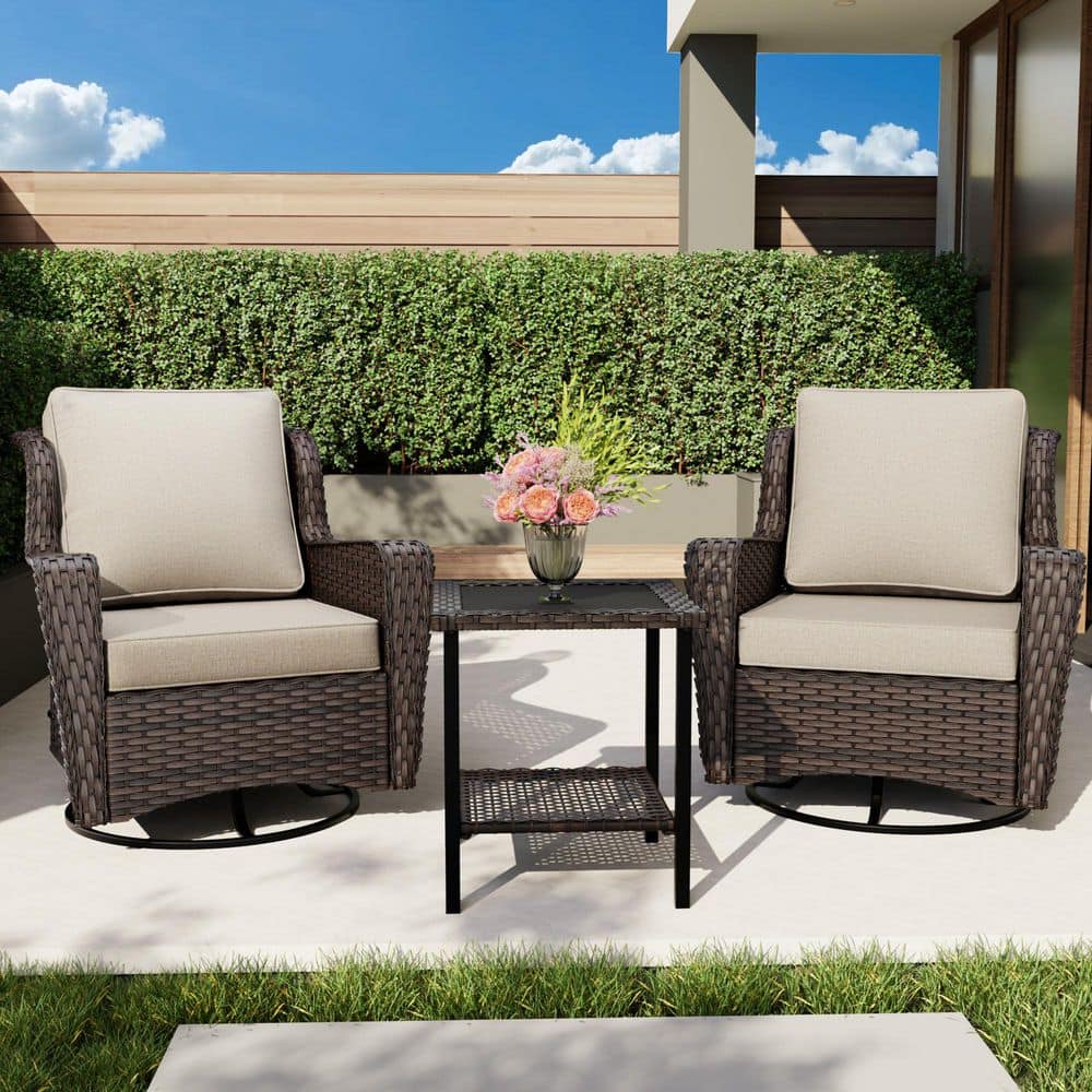 Brown 3-Piece Wicker Patio Conversation Seating Sofa Set with Beige Cushions and Swivel Rocking Chairs price history on PriceWatchPro