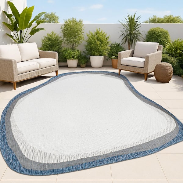 Wyatt Modern Rustic Abstract Cream/Navy 9 ft. x 12 ft. Indoor/Outdoor Shaped Area Rug