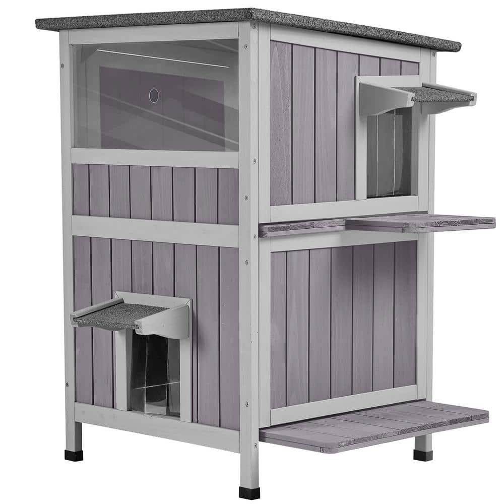 2-Tier Wooden Cat House with Waterproof Roof, Door Flaps