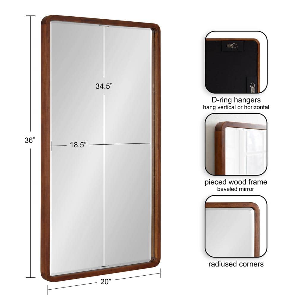 Walnut Brown Rectangular Wood Framed Wall Mirror, 20 x 36