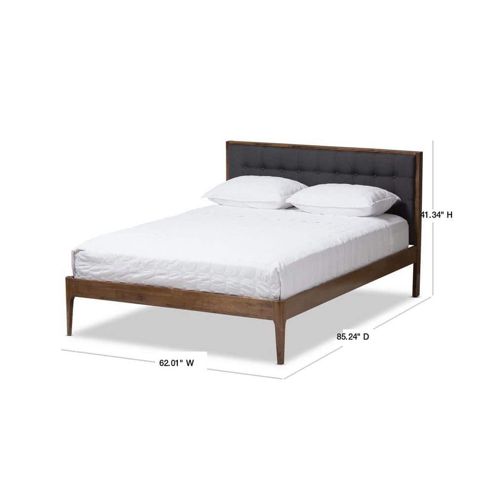 Mid-Century Walnut Queen Platform Bed with Gray Tufted Upholstery