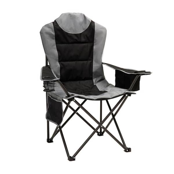Mondawe Black Plus Gray 1-Piece Metal Outdoor Beach Chair Camping Lounge Chair Lawn Chair with Detachable Side Storage