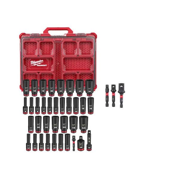 SHOCKWAVE Impact-Duty 3/8 in Drive Metric & SAE Deep Well PACKOUT Socket Set (36-PC) & 1/4 in Hex Socket Adapter (3-PC)