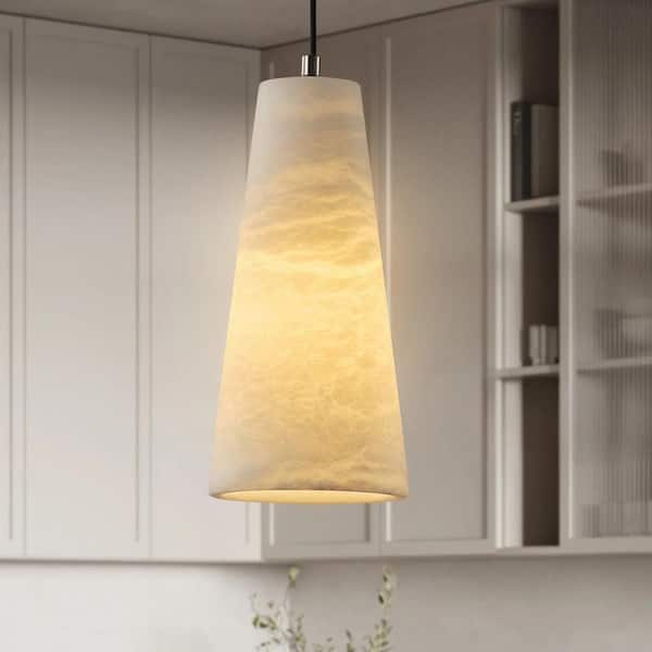 1-Light Silver Pendant Light, Cone Natural Alabaster Shade Pendant Light for Dining Room, Kitchen Island (Bulb Included)