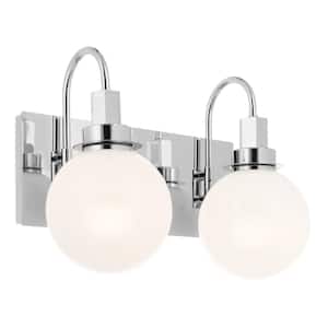 Hex 14.25 in. 2-Light Chrome Modern Bathroom Vanity Light with Opal Glass Shades