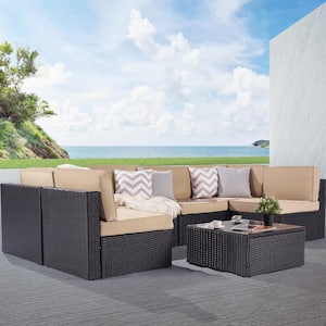 7-Piece Patio Conversation Sofa Set with khaki Cushion and Tempered Glass Desktop