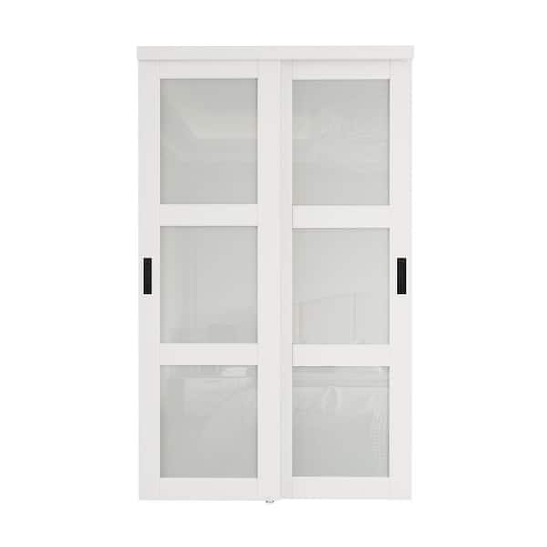 48 in. x 80 in. 3-Lite Frosted Glass White Finished MDF Closet Sliding Door with Hardware and No Grooving Black Handles