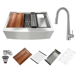 33 in. Farmhouse Single Bowl 18-Gauge Brushed Stainless Steel Kitchen Sink with with Faucet and Accessories