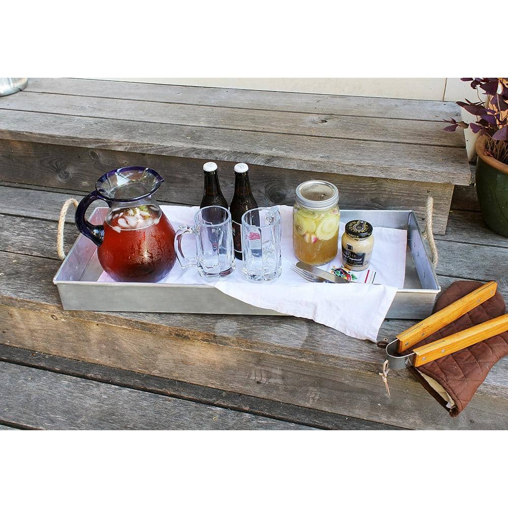 Large Galvanized Steel Rectangular Tray with Rope Handles